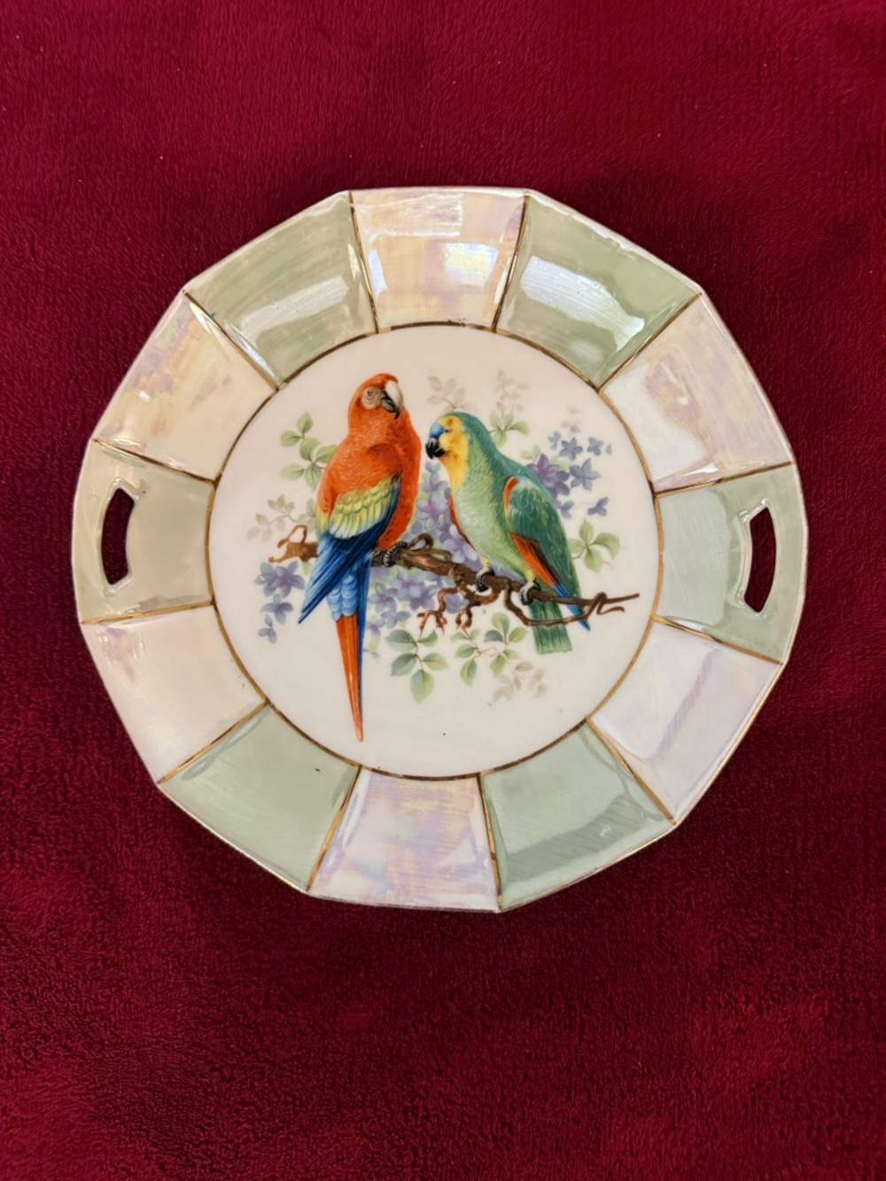 Vintage Bavarian Platter Plate Parrots Birds Iridescent W/ Gold Accents Handles